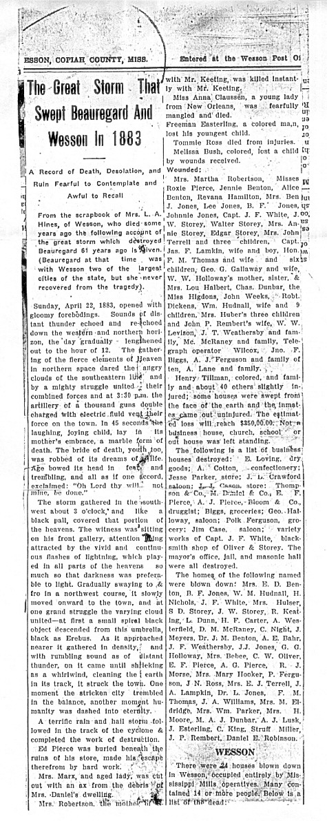  Page 1 of article on 1883 Tornado near Wesson & Beauregard