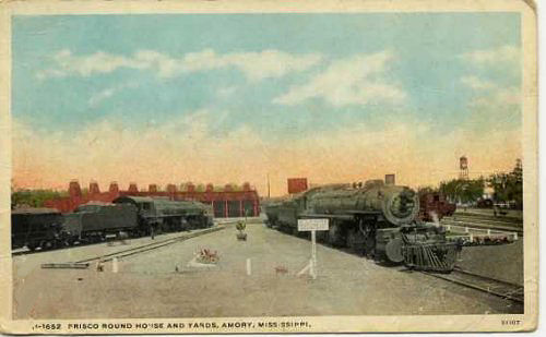 postcard showing Frisco Round House and Railroad Yards