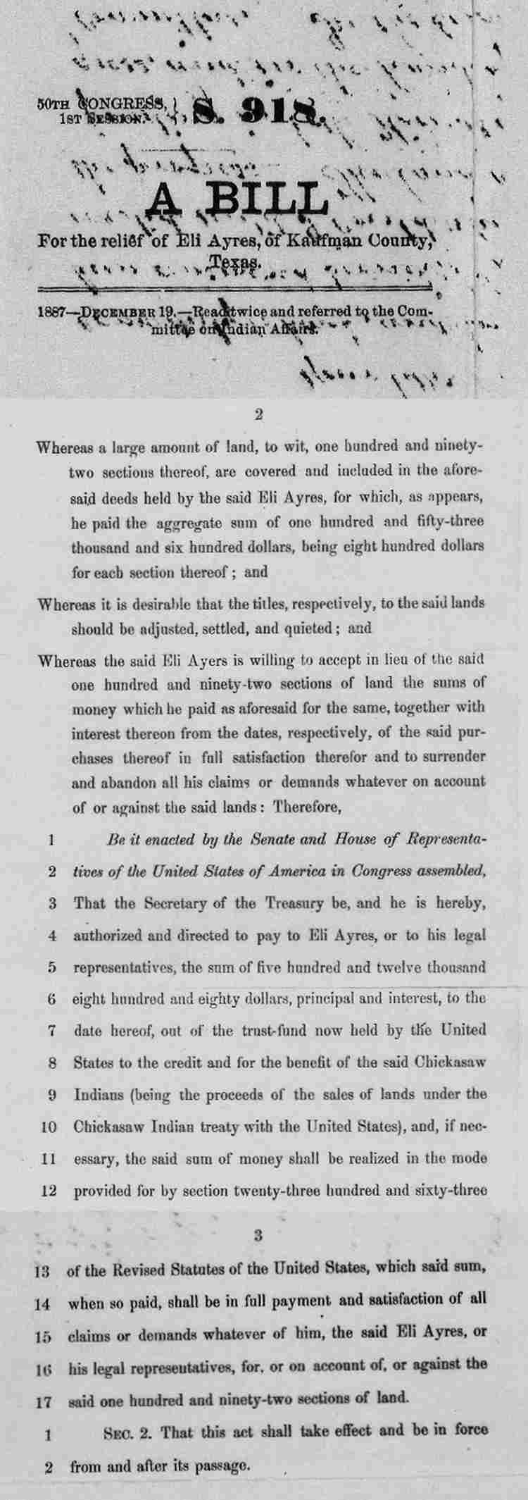 Image of US Congressional Bill concerning land purchase