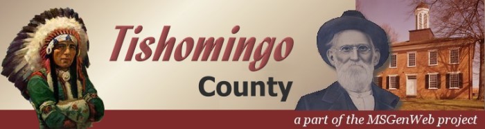 Tishomingo County banner showing old citizen and old courthouse